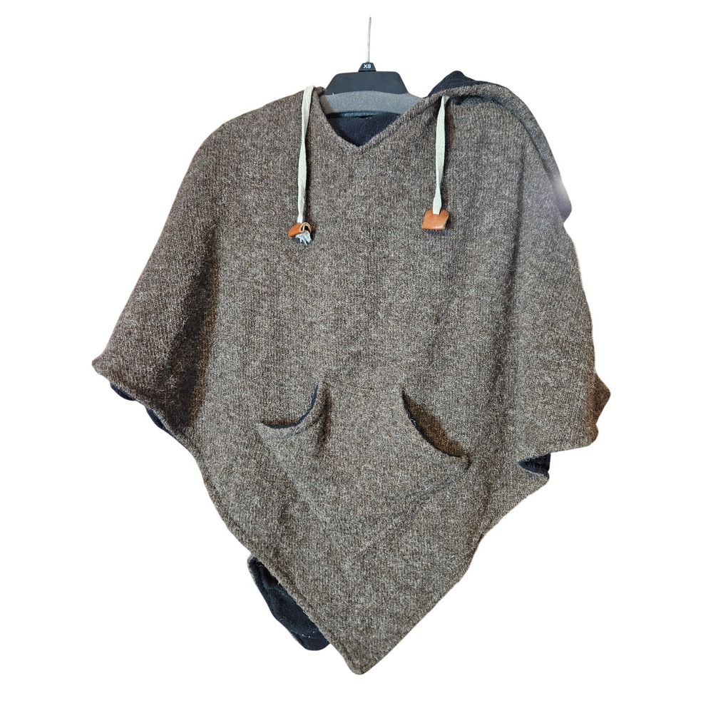 Virblatt Wool Poncho Hooded Brown Fleece Lined L/XL Festival Boho Nepal Wrap